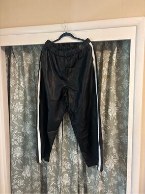 Anthropologie Black Faux Leather Track Pants with White Side Stripes